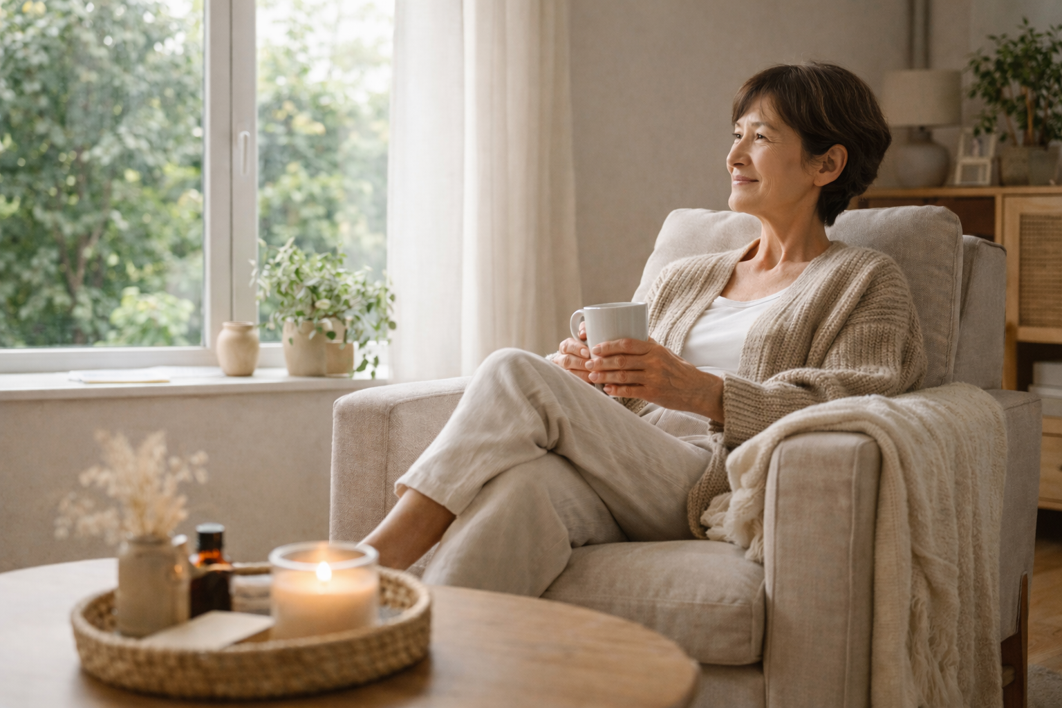 窓辺でくつろぎながらコーヒーを飲む穏やかな60代女性の暮らし風景