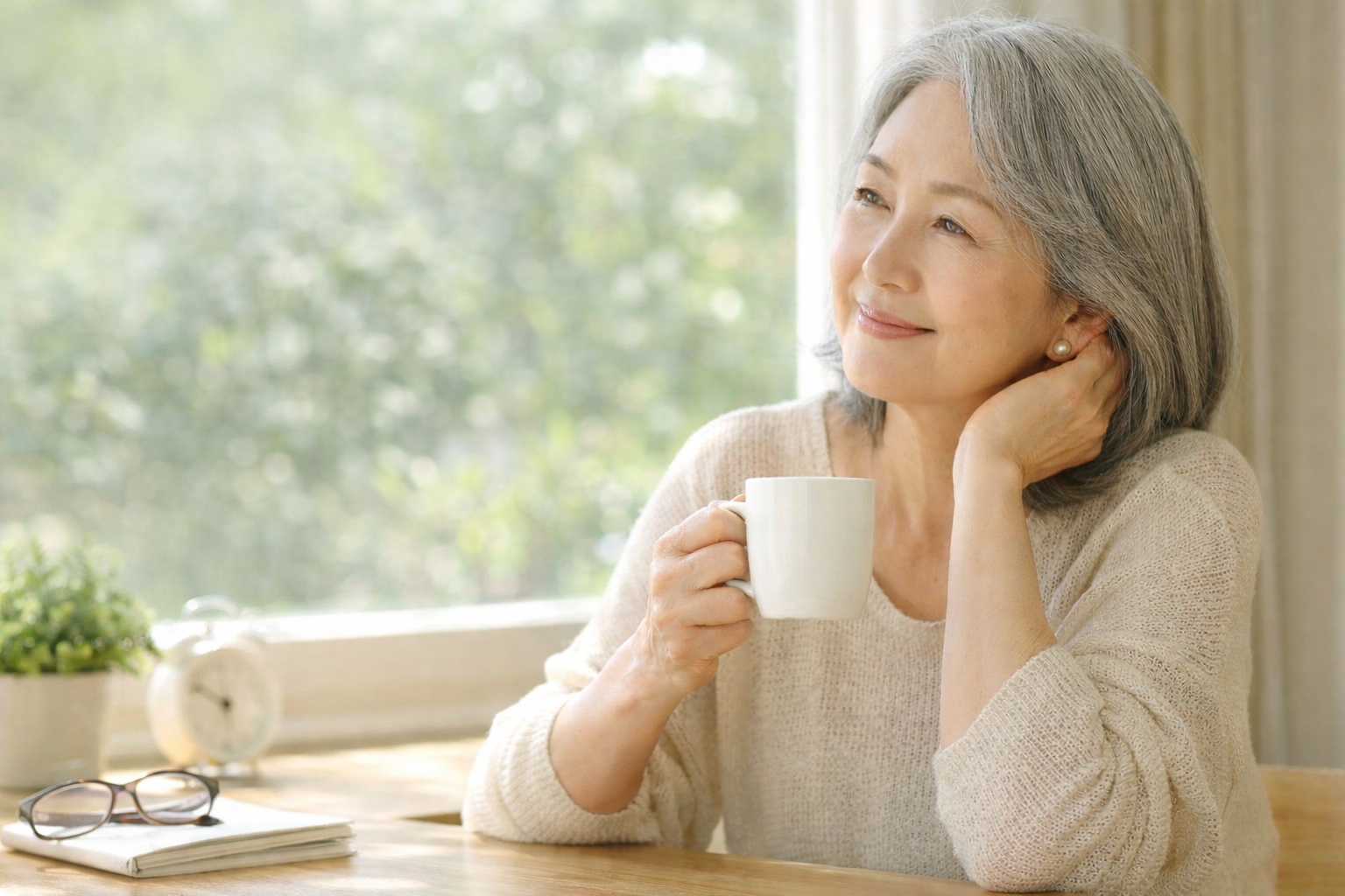 柔らかな光の中で、お気に入りのカップを手にゆったりと自分時間を楽しむ60代の日常
