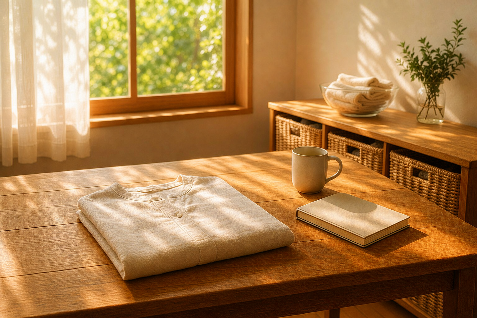 自然光の入る部屋で穏やかに過ごす60代女性、シンプルで整った暮らしのイメージ