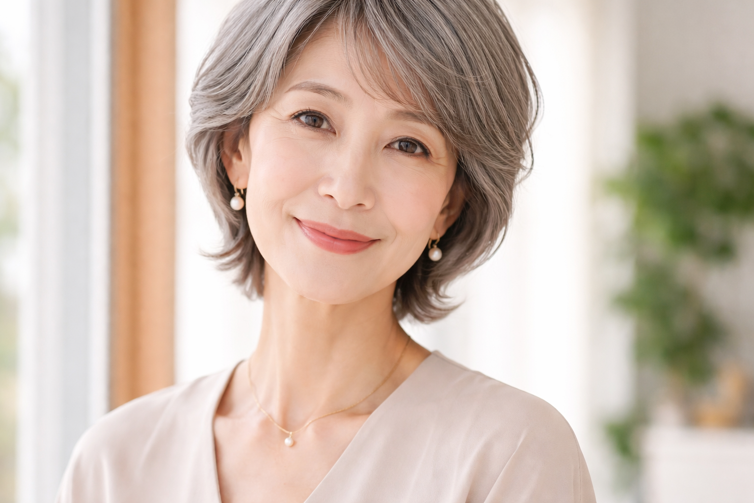 穏やかな表情で微笑む60代日本人女性が自然光の中でリラックスしている様子