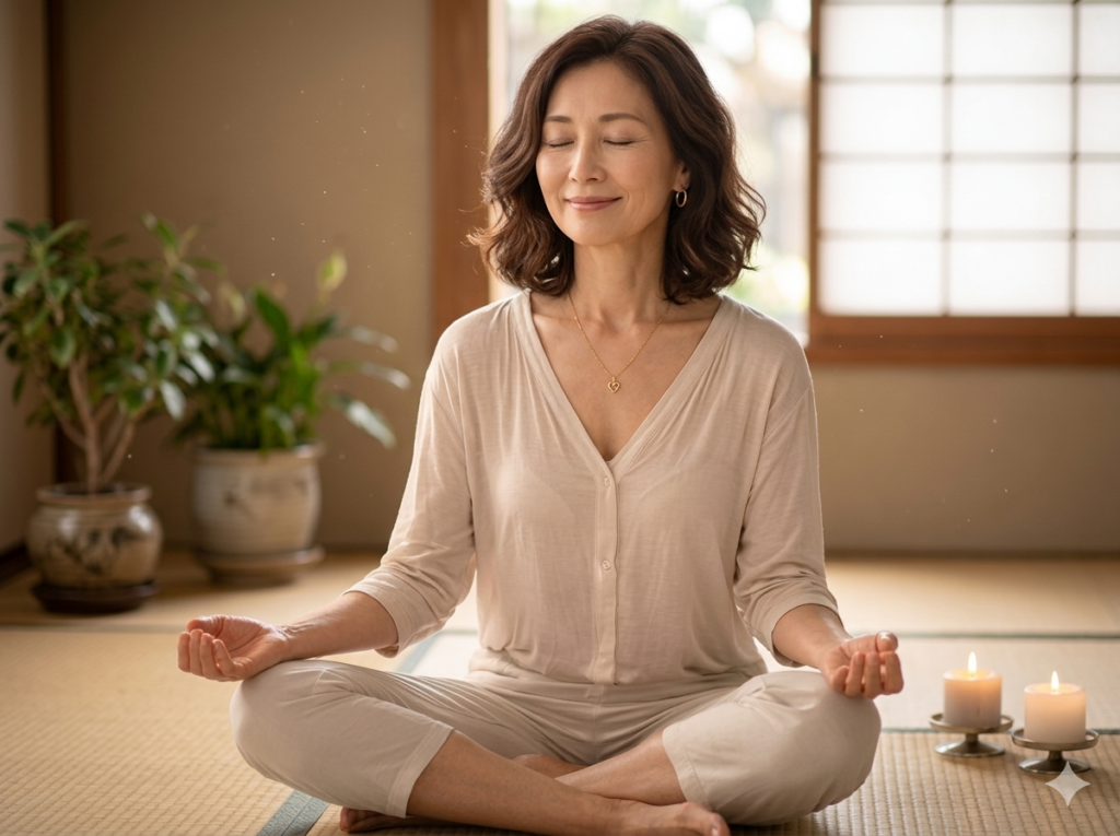 和室で目を閉じて瞑想する60代女性の落ち着いた時間
