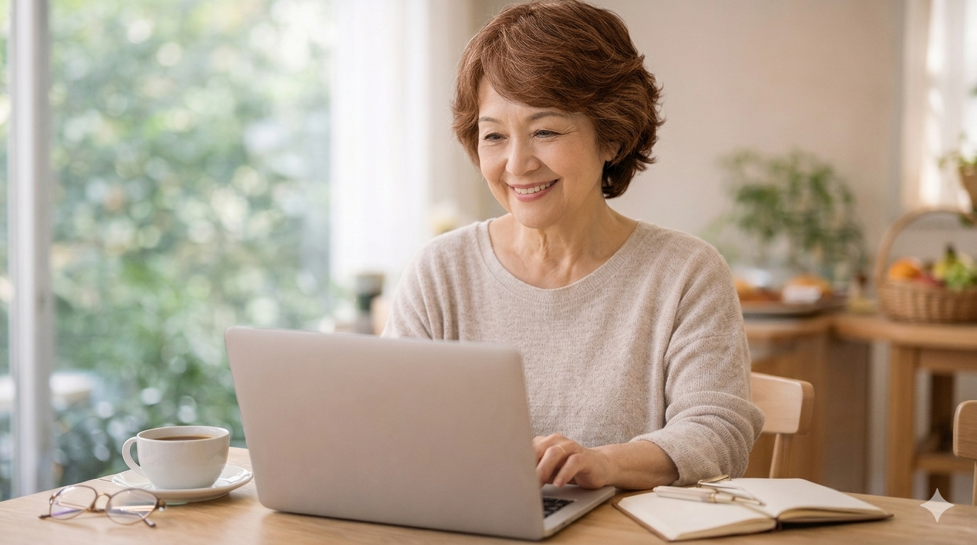 ノートパソコンを笑顔で操作するシニア女性。明るいリビングでコーヒーを傍らに、自分らしい働き方を楽しむ様子。