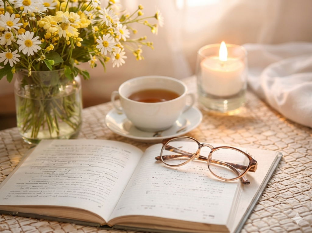 花と紅茶と本に囲まれたリラックスした穏やかな時間