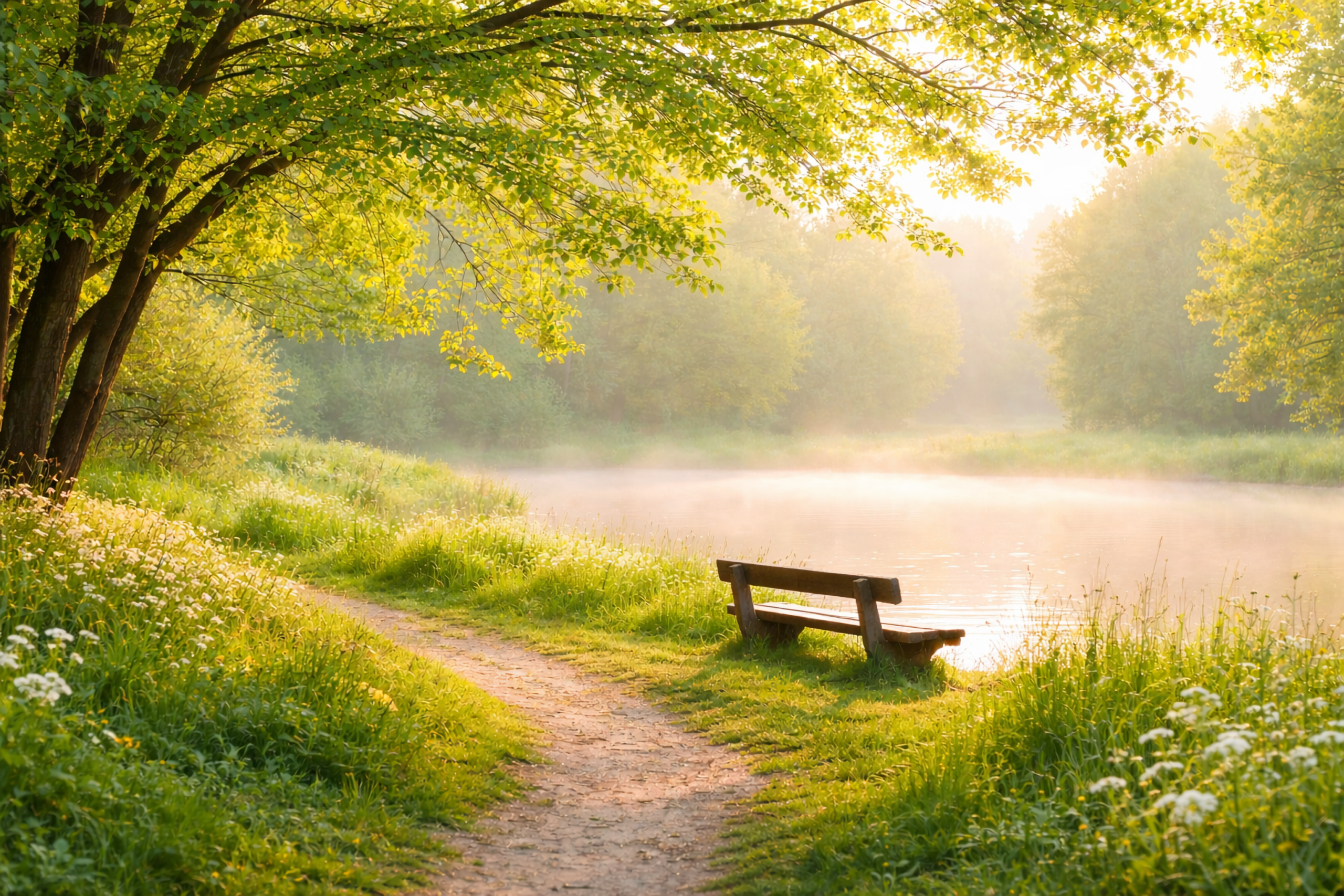 朝霧に包まれた静寂な池のほとりに、木製ベンチが置かれた癒しの風景