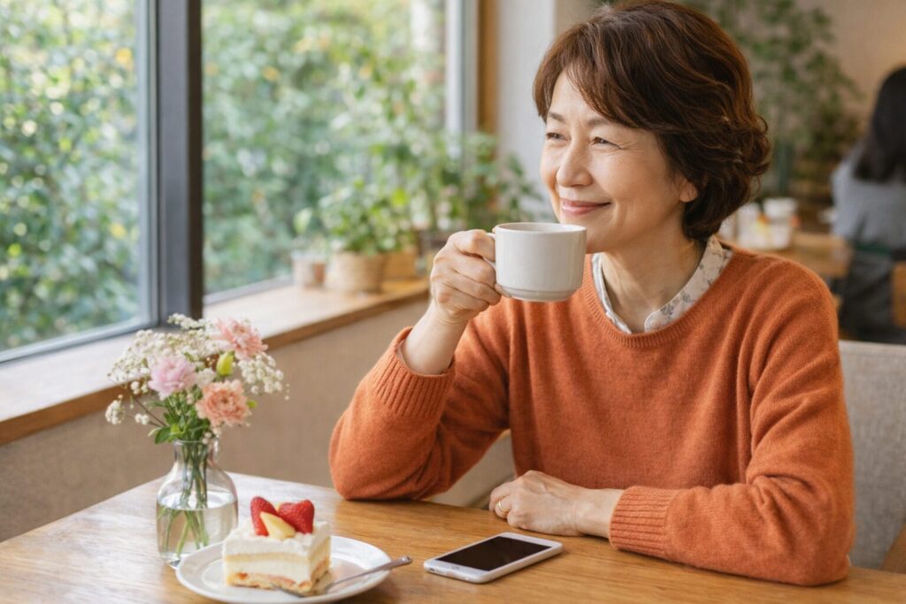 カフェでコーヒーとケーキを楽しみながら穏やかに過ごす60代女性