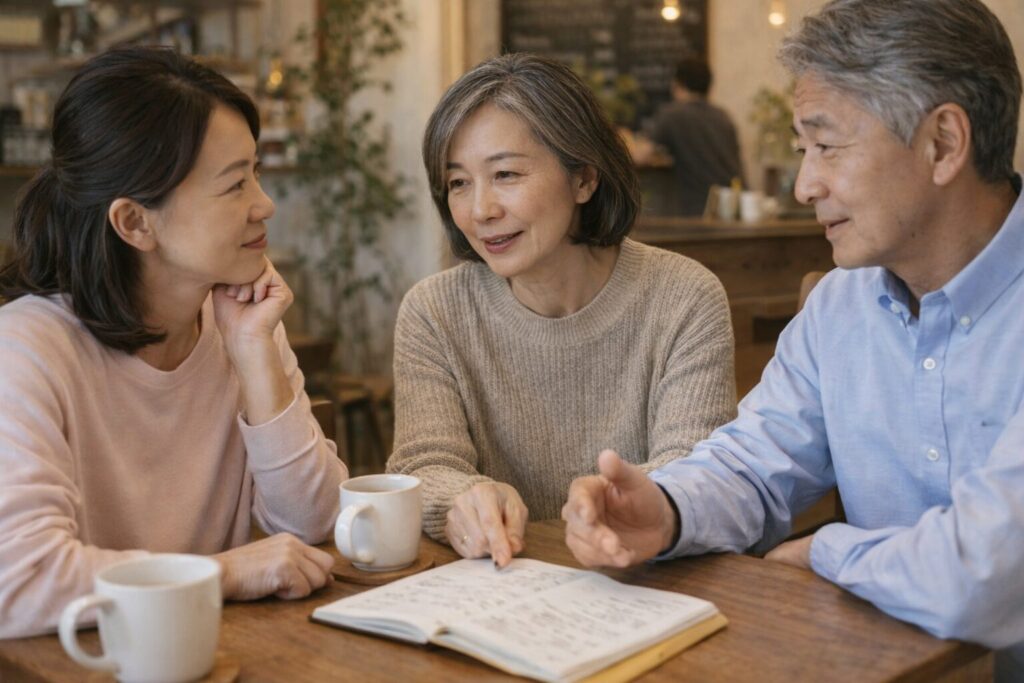 カフェで家族と将来や介護について穏やかに話し合っている様子