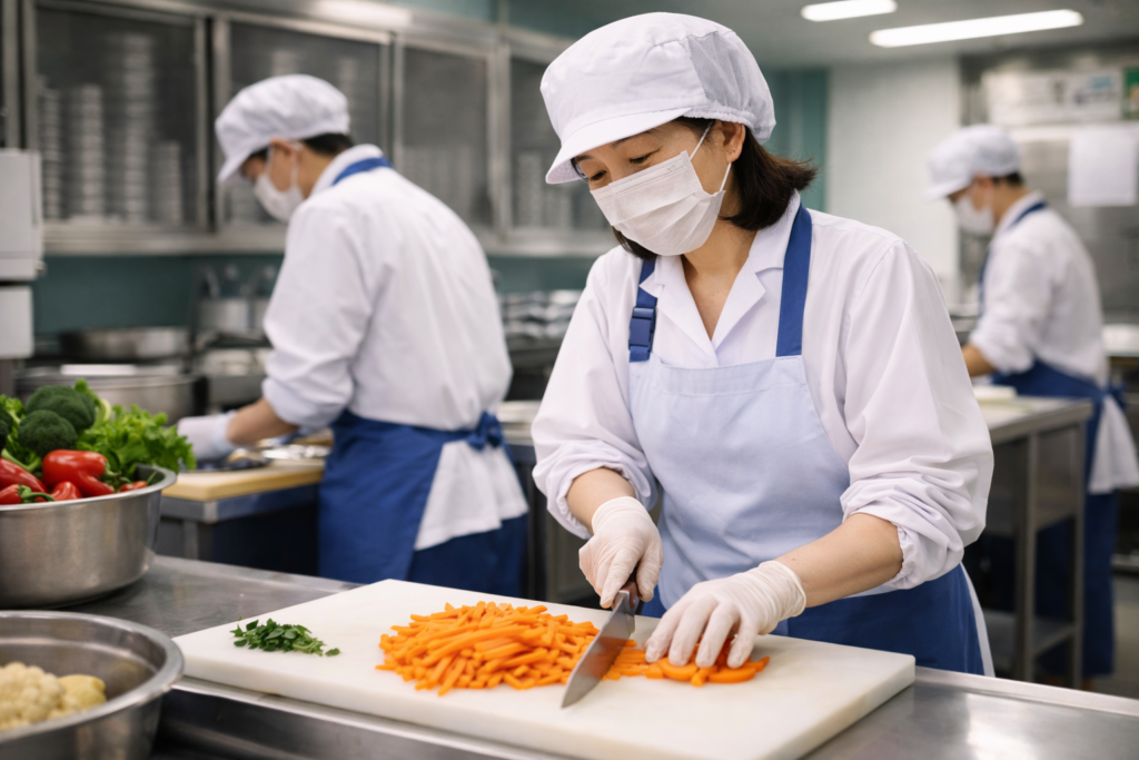 給食を作る仕事に取り組んでいる女性