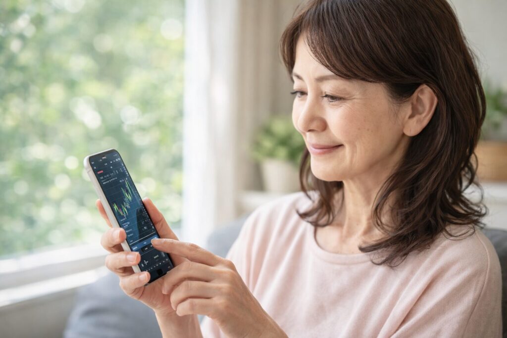 60代女性がスマートフォンで株価や投資状況を確認している様子