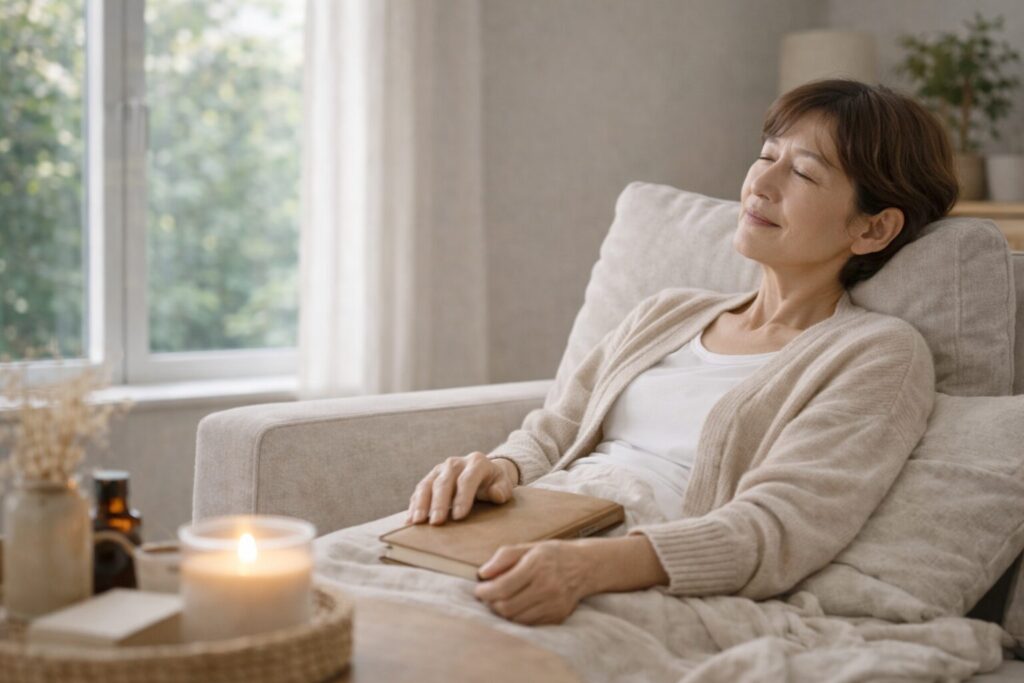 ソファでゆったりと目を閉じて休む穏やかな時間を過ごす60代女性