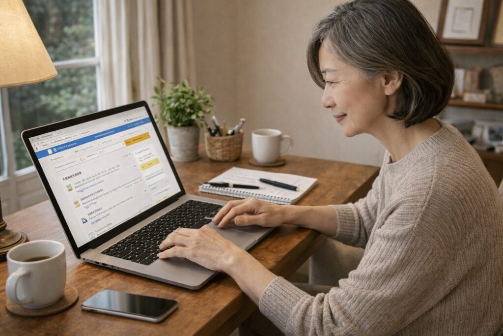 自宅でパソコンを使い在宅ワークや副業に取り組む60代女性