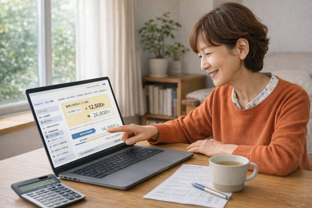 パソコンで支払い管理をしながらポイント活用で節約する60代女性