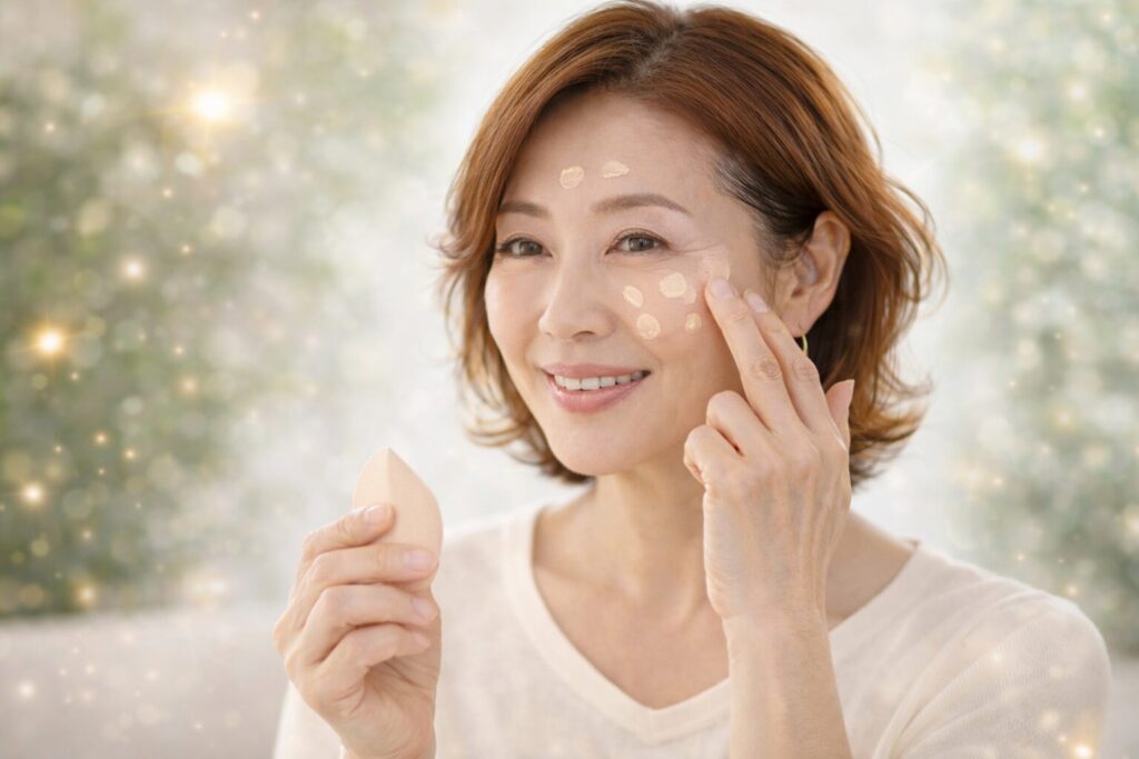 ファンデーションを顔に点置きし、指でなじませる60代女性