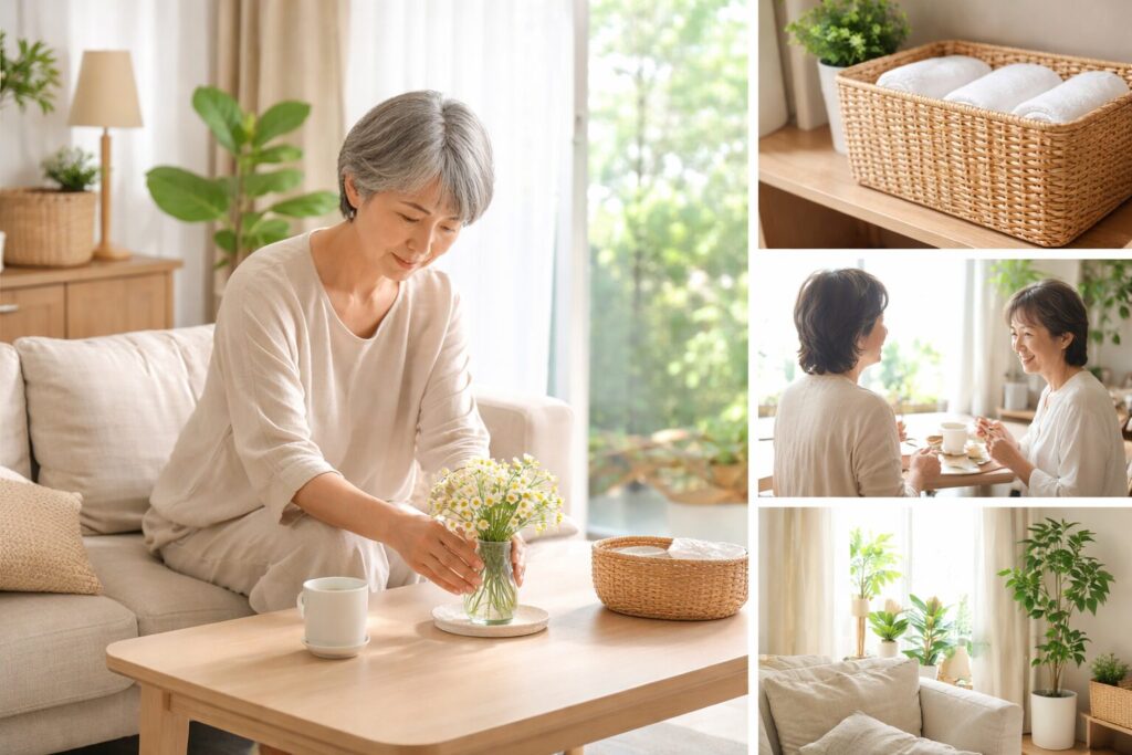 整った部屋で花を飾る60代女性、シンプルで心地よい暮らしと人との距離を大切にする生活