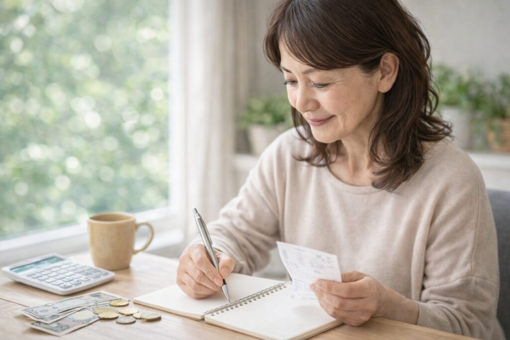 ノートと電卓を使って家計を見直しながら資産管理をしている女性の様子
