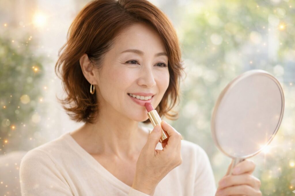 鏡を見ながら口紅を塗り、自然な笑顔を見せる60代女性