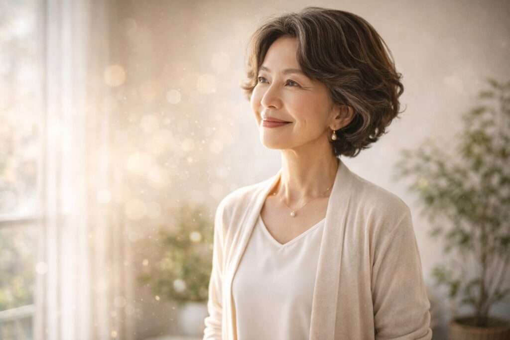 やわらかな表情と穏やかなまなざしで内面の美しさがにじみ出ている60代女性