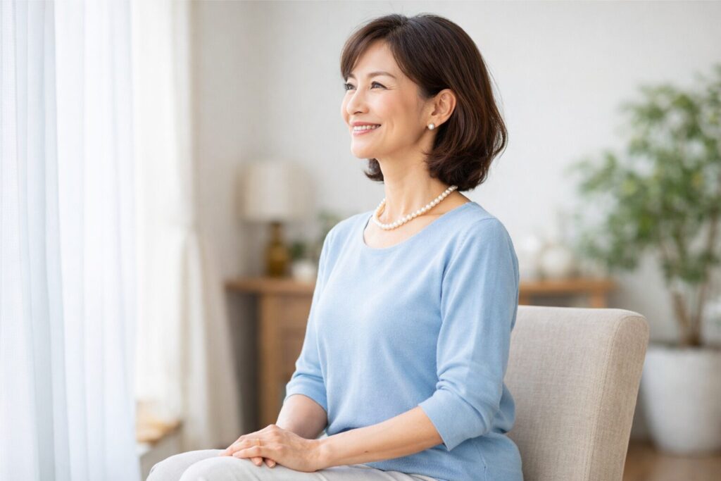 背筋を伸ばした美しい姿勢で座る60代女性の上品で明るい印象