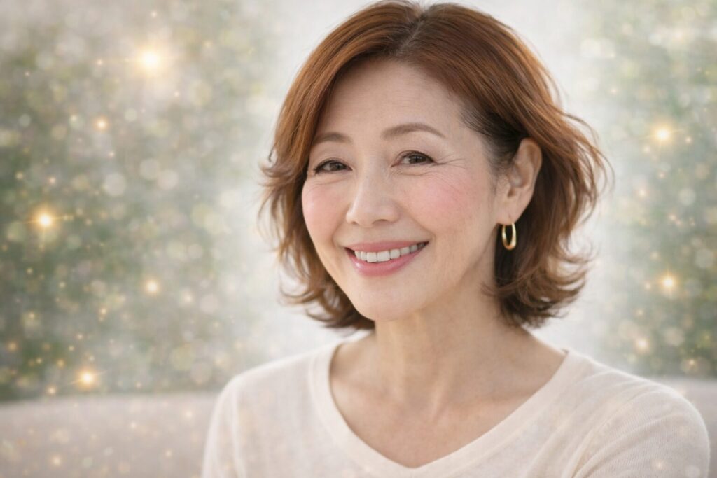 頬の高い位置にチークをのせて、やわらかく明るい表情の60代女性