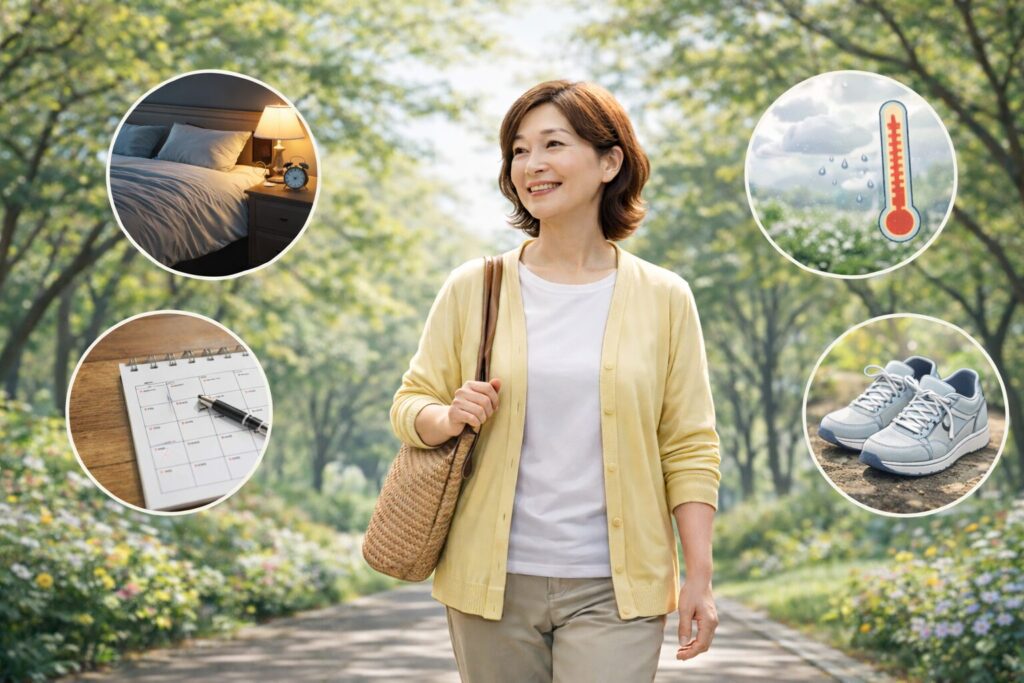 明るい公園の小道をゆっくり歩く、60代の日本人女性。自然の中で穏やかな表情を浮かべている様子。