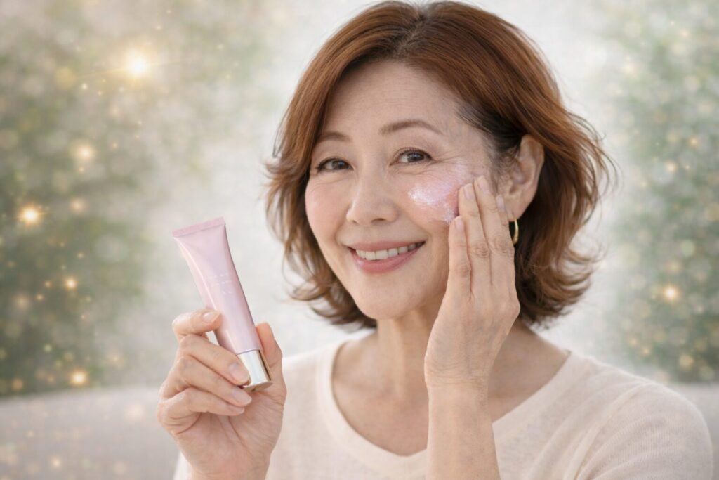 下地を頬に塗りながら、内側からツヤのある肌を作る60代女性