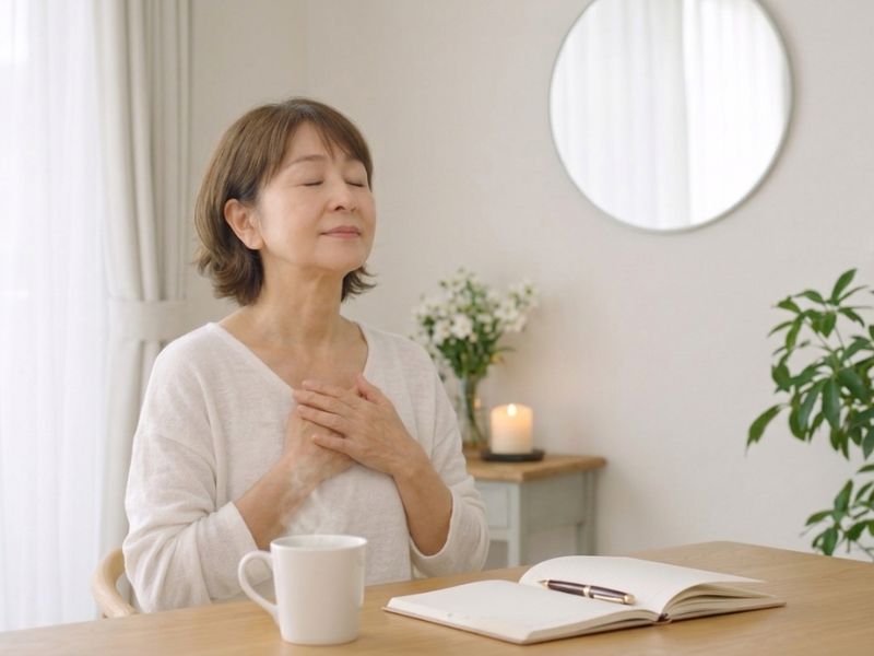 自然光が差し込む清潔な室内で、両手を胸に当てて深く深呼吸をする60代女性の様子