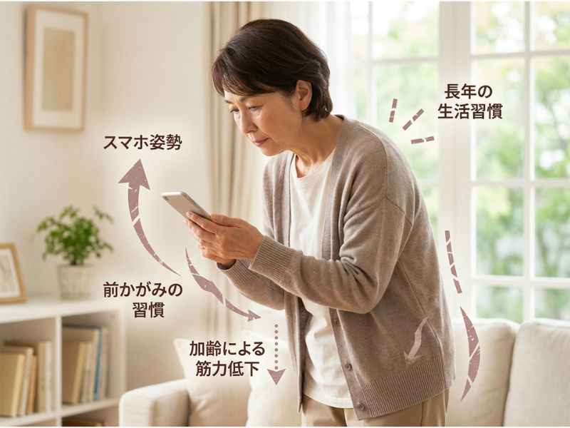 スマホを見ながら背中を丸めて立つ、猫背気味の60代女性