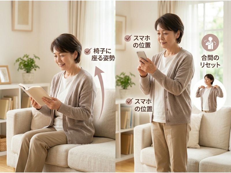 椅子に深く座り背筋を伸ばして本を読む姿と、スマホを目の高さで持つ姿の比較。60代女性。