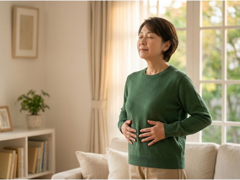 窓辺で背筋をまっすぐに伸ばし、目を閉じて深く呼吸をする穏やかな女性