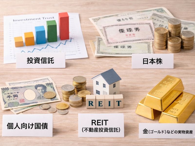 投資信託や日本株、債券、REIT、金など分散投資をイメージした資産運用のイメージ