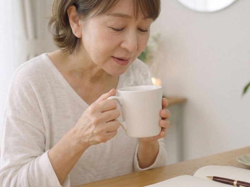 温かい湯気が立つ白湯（さゆ）が入ったマグカップを両手で優しく包み込む60代女性