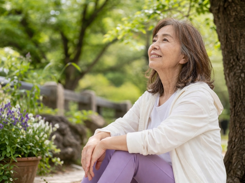 公園で空を見上げ、深い呼吸でリズムを整える60代女性。