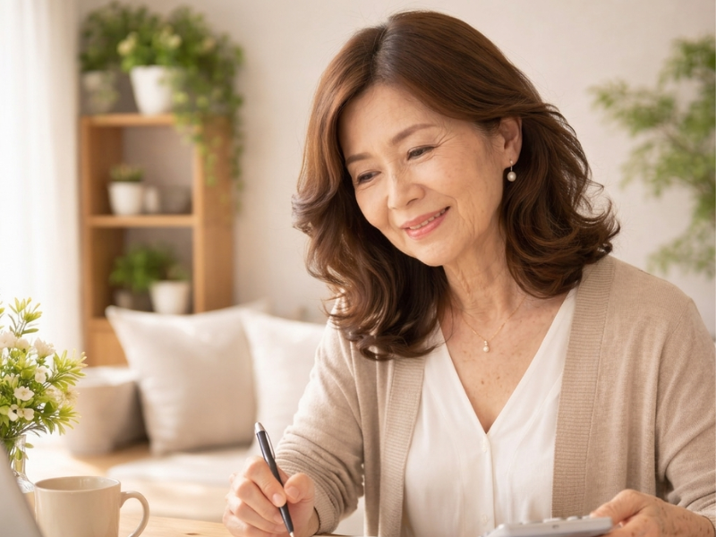 60代のお金と安心を整える。家計管理や投資をポジティブに楽しむ女性。