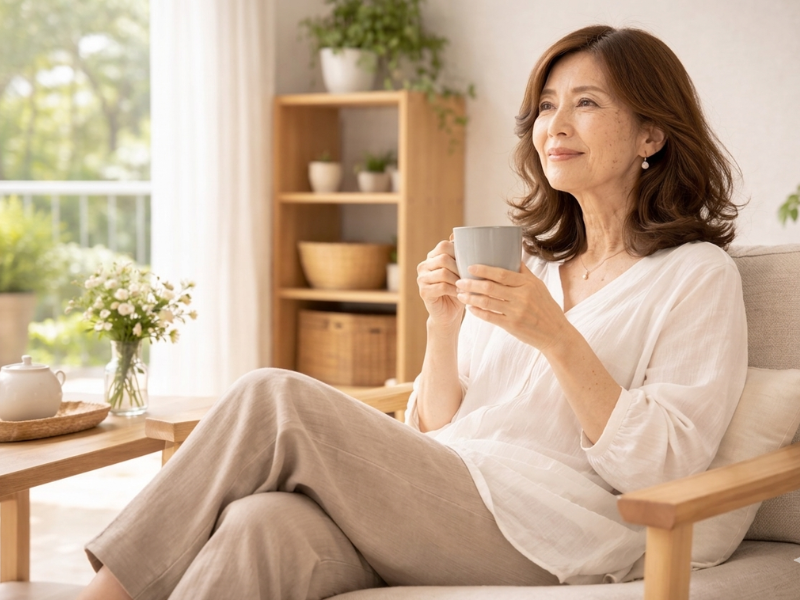 お気に入りのお茶を飲みながらゆったりと過ごす60代女性。