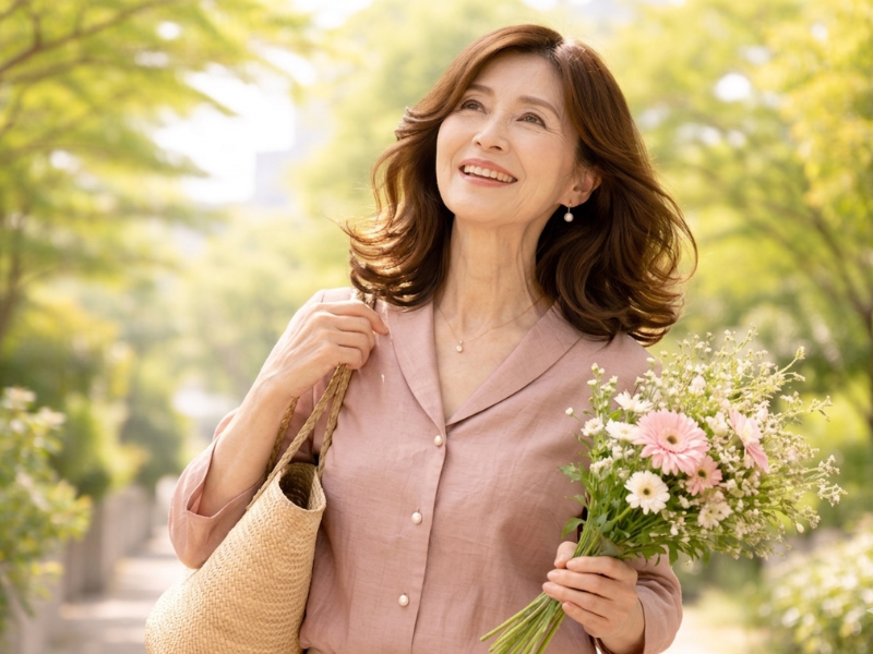 太陽の光を浴びながら、季節の花束を抱えて晴れやかに歩く60代女性。