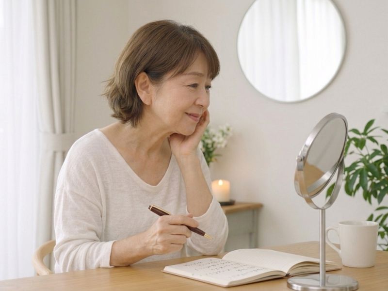 デスクの上でノートに感情を書き出し、鏡の中の自分を穏やかに見つめて微笑む60代女性