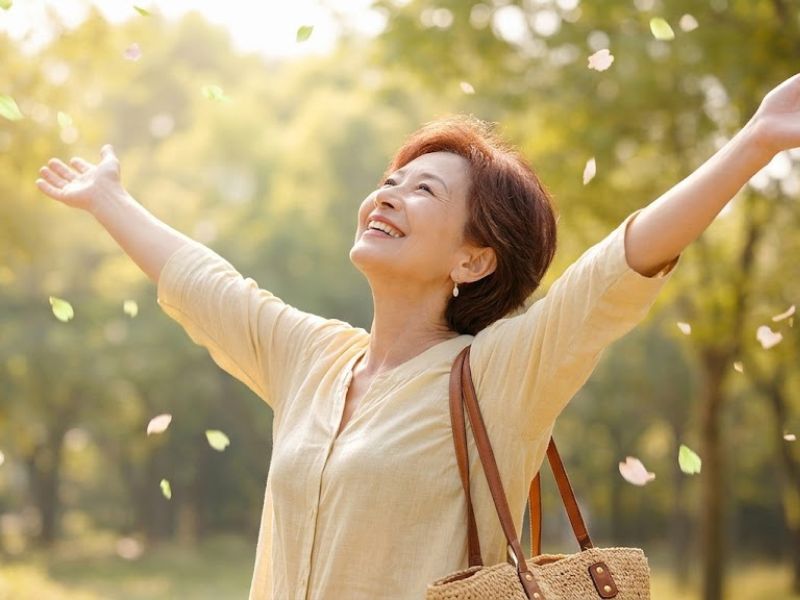 60代前半の女性が、木々と花に囲まれた小道でやわらかく微笑む写真
