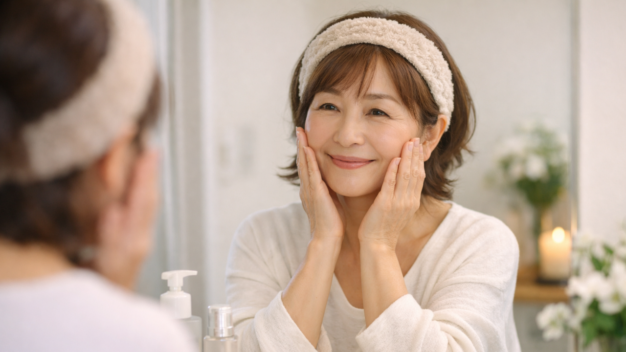 鏡の中の自分を愛おしそうに見つめ、肌に触れて整える60代女性の美容