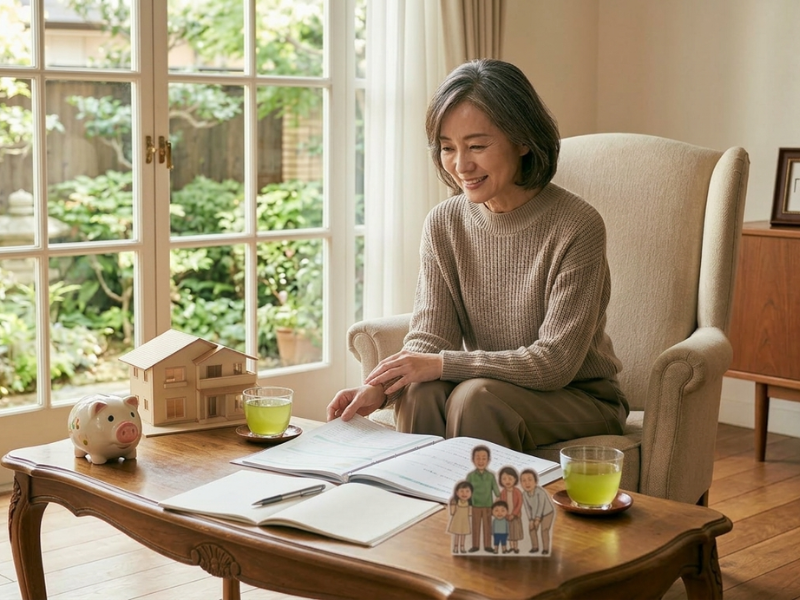 自宅で家計や将来設計を見直し安心している60代女性