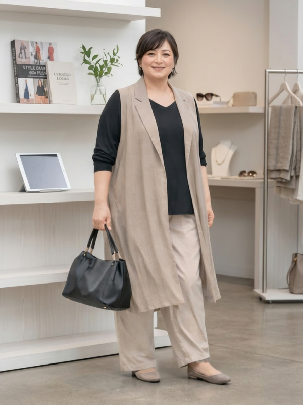 ぽっちゃり体型女性の体型カバーコーデ例