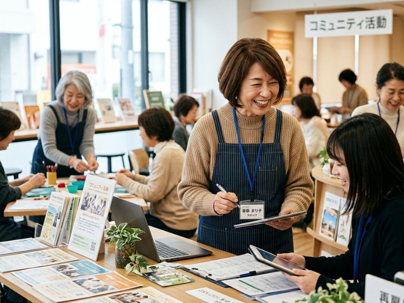 明るい光が差し込むコミュニティで、60代女性が笑顔で生き生きと働く様子
