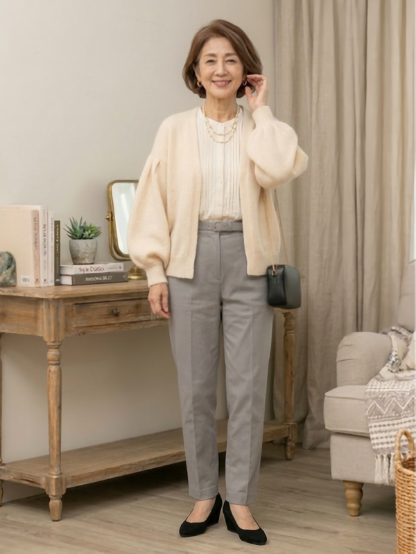 60代の体型カバー｜すっきり見せる服選びのポイント、痩せ型女性をふんわり見せるコーデ例