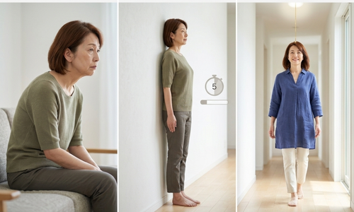 姿勢の違いを比較する60代女性｜猫背と正しい立ち姿と歩き方のイメージ