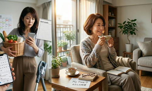 少し疲れた様子で日常を振り返る60代女性と整った部屋でゆったり過ごす60代女性コラボレーション