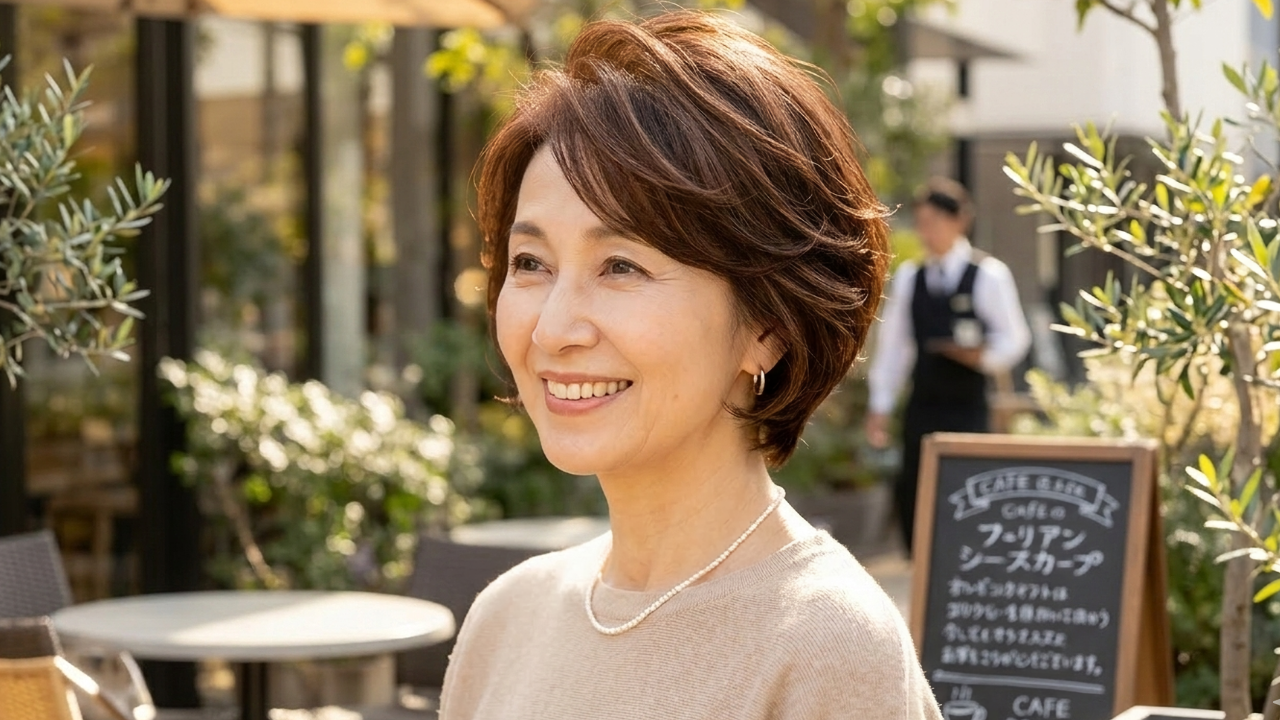 自然なツヤのあるショートヘアで笑顔の60代女性