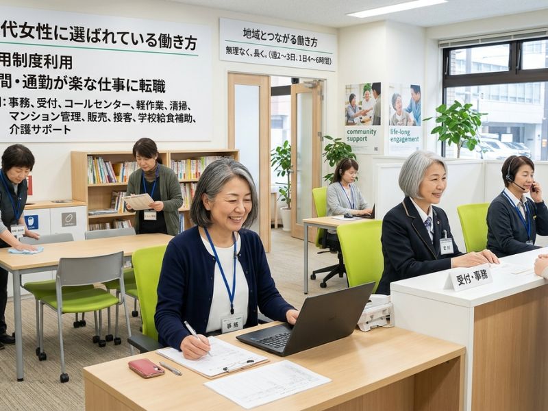 多様な職種で働く60代女性たちを一つの画面に収めた、お仕事カタログ風の画像