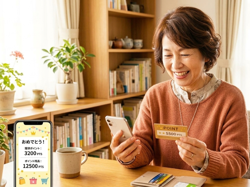 スマホとポイントカードを見ながら嬉しそうに楽天ポイントを確認する60代女性
