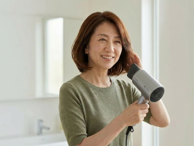 ドライヤーで根元を持ち上げながら下から風を当てて髪を乾かす60代女性