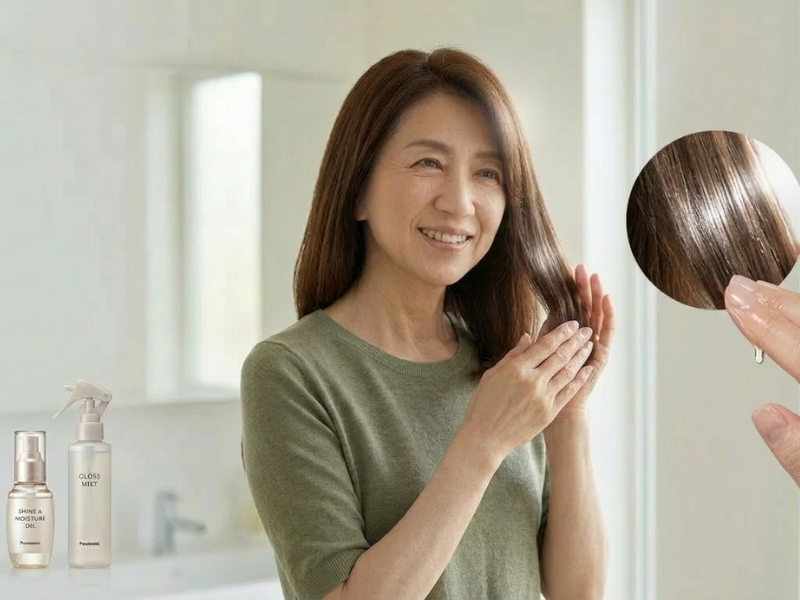 ヘアオイルを毛先になじませてツヤを出す60代女性のヘアケア