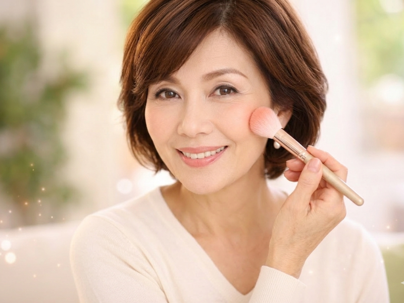 ツヤのある肌とやわらかな表情で輝く60代女性のナチュラルメイク