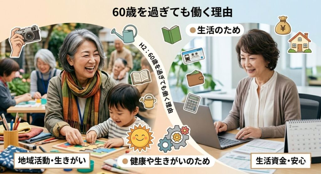 働く理由を「生きがい」と「生活」の二つの側面で表現したコラージュ風の画像